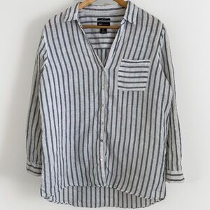 Jones NY Linen Button Down Blouse Blue White Stripe Size L Women’s